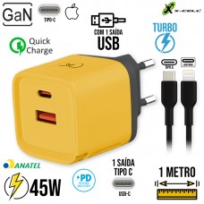 Carregador GAN Turbo 45W Tipo C + USB + Cabo Lightning 1M XC-UR56 X-Cell - Amarelo